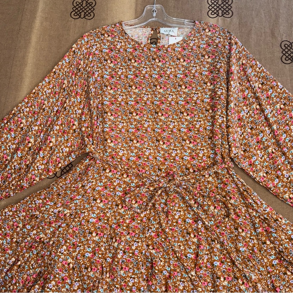 Aura Ella Mini Print Braided Brll Short Dress In Brown /Multi Floral Print - Picture 5 of 16